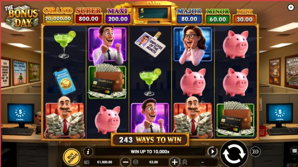The Bonus Day slot machine interface featuring office-themed symbols and a corporate aesthetic.