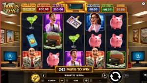 The Bonus Day slot machine interface featuring office-themed symbols and a corporate aesthetic.